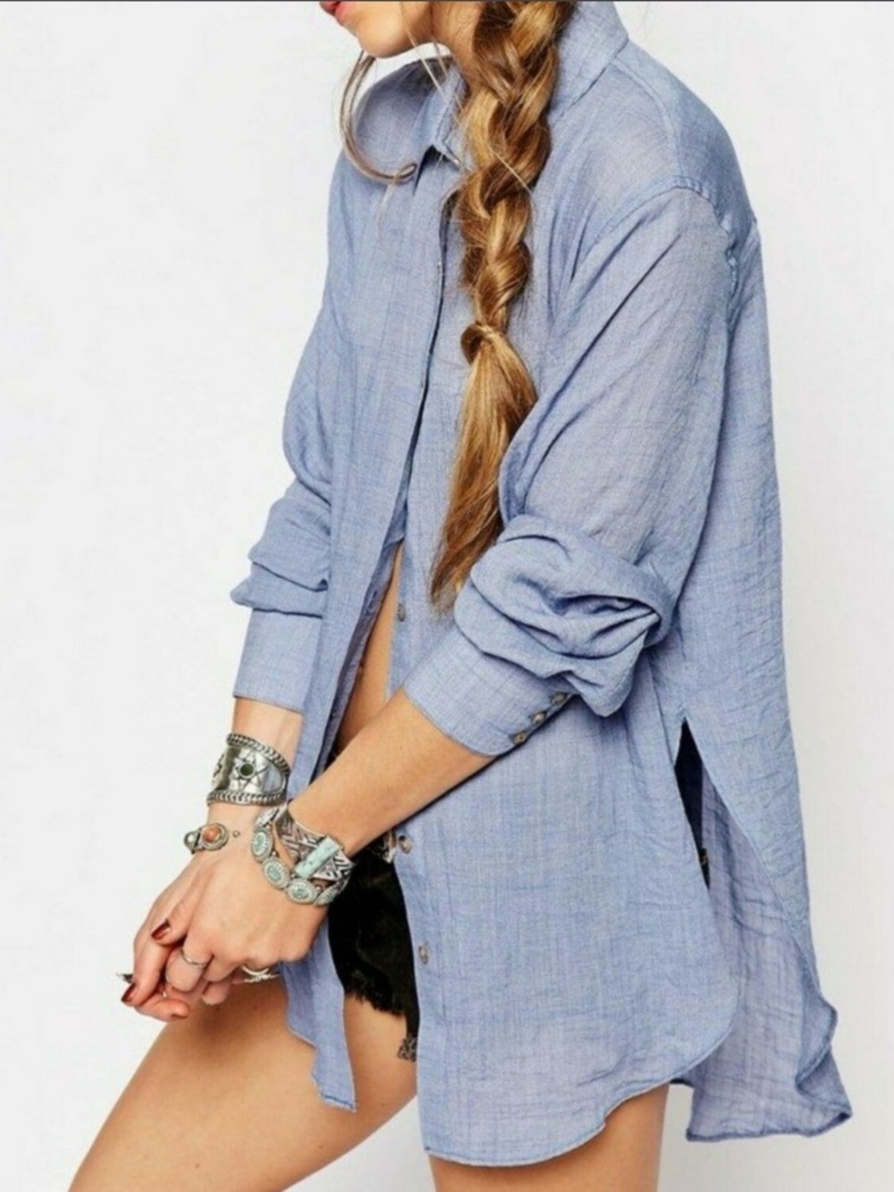 Free People Light Blue Button-Down Tunic Shirt